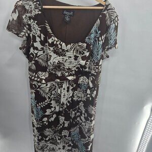 Biyaycda Brown Floral Sheer Overlay Lined Sleeveless Midi Dress 16W